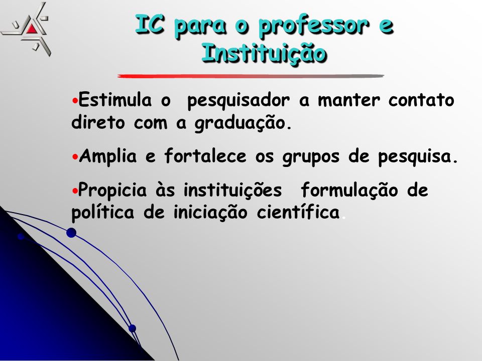 IC para o professor e Instituição Estimula o pesquisador a manter contato direto com a graduação.