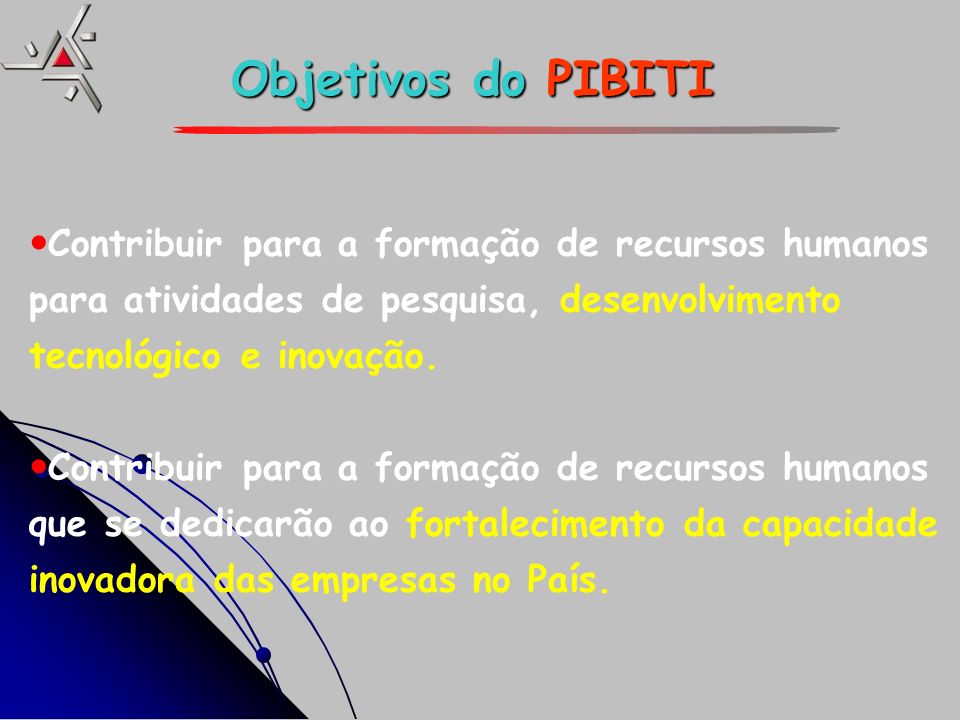 Objetivos do PIBITI Contribuir para a formação de recursos humanos para atividades de pesquisa, desenvolvimento tecnológico e inovação.