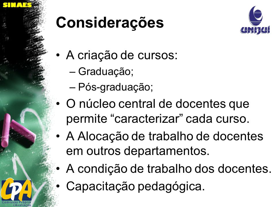SINAES Considerações A criação de cursos: –Graduação; –Pós-graduação; O núcleo central de docentes que permite caracterizar cada curso.