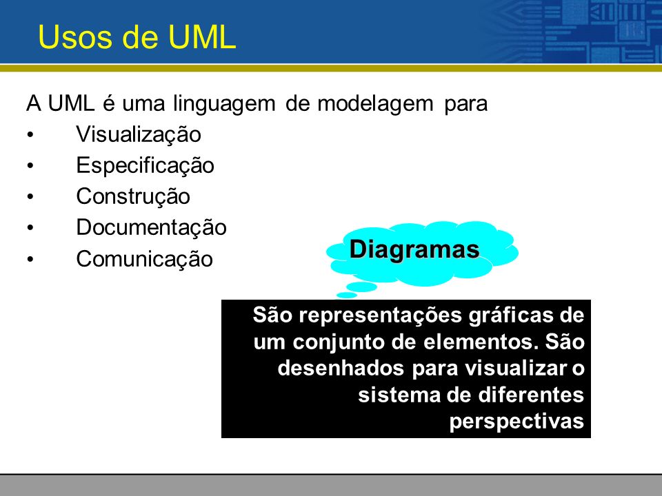 Usos de UML A UML é uma linguagem de modelagem para Visualização Especificação Construção Documentação Comunicação Diagramas São representações gráficas de um conjunto de elementos.