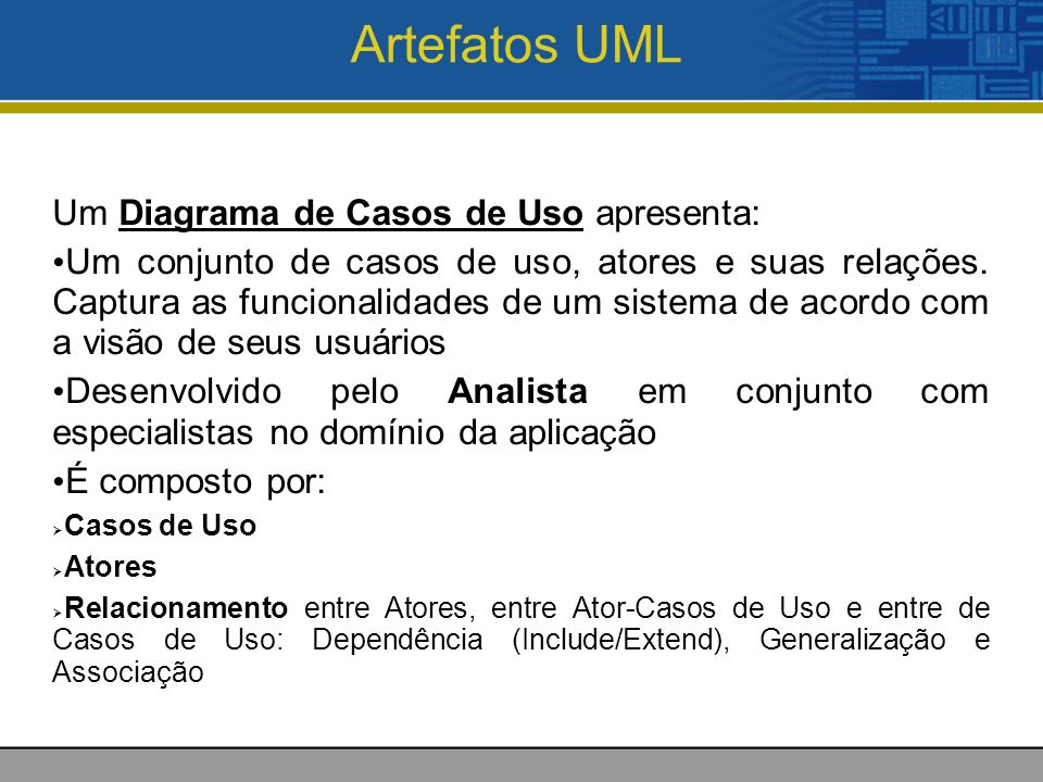 Artefatos UML Um Diagrama de Casos de Uso apresenta: Um conjunto de casos de uso, atores e suas relações.