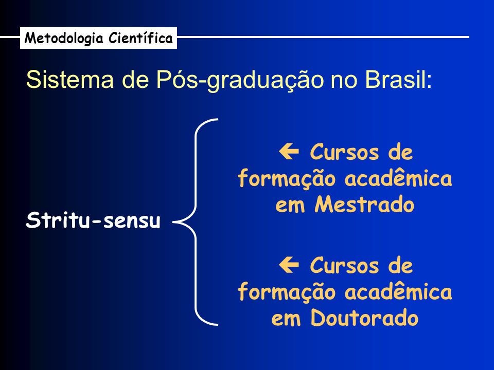 Sistema de Pós-graduação no Brasil: Metodologia Científica Stritu-sensu Cursos de formação acadêmica em Mestrado Cursos de formação acadêmica em Doutorado