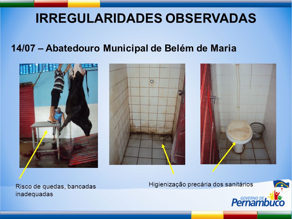 IRREGULARIDADES OBSERVADAS 14/07 – Abatedouro Municipal de Belém de Maria Risco de quedas, bancadas inadequadas Higienização precária dos sanitários