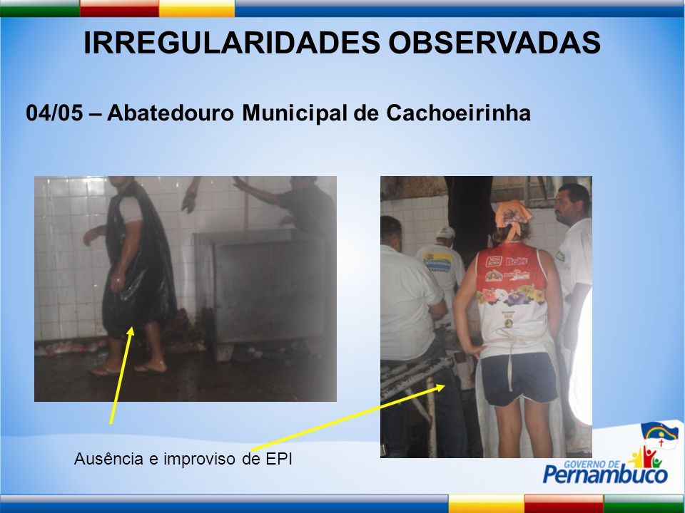 IRREGULARIDADES OBSERVADAS 04/05 – Abatedouro Municipal de Cachoeirinha Ausência e improviso de EPI