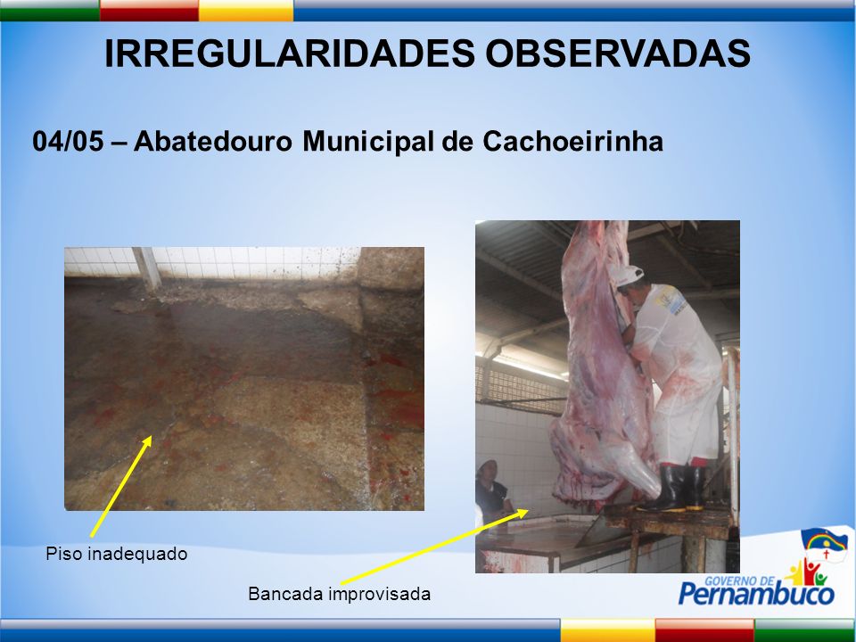 IRREGULARIDADES OBSERVADAS 04/05 – Abatedouro Municipal de Cachoeirinha Piso inadequado Bancada improvisada