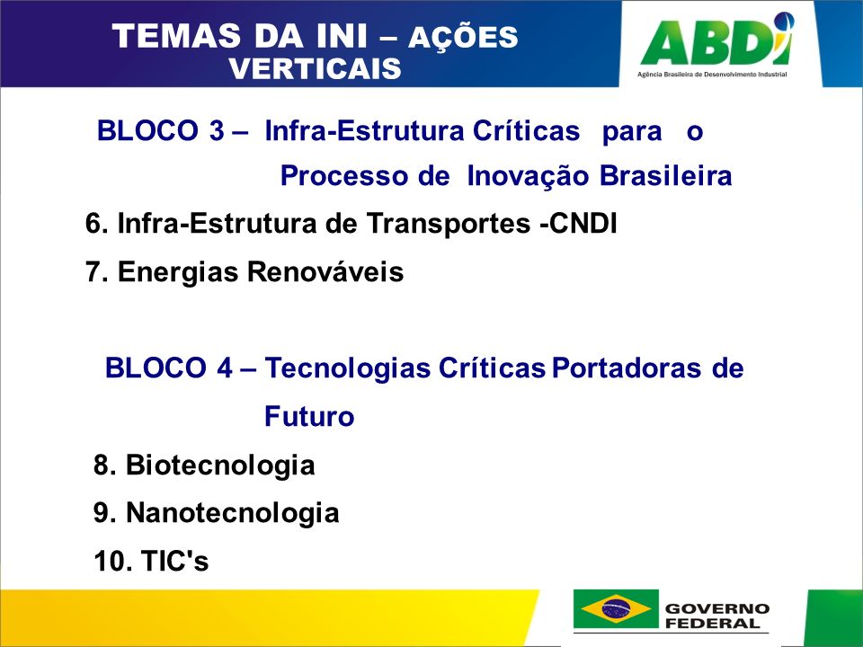PLANO DE DESENVOLVIMENTO INDUSTRIAL, TECNOLÓGICO E DE COMÉRCIO EXTERIOR HORIZONTE 2008 BLOCO 3 – Infra-Estrutura Críticas para o Processo de Inovação Brasileira 6.