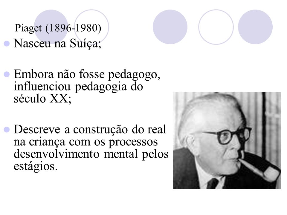 Piaget ( ) Nasceu na Suíça; Embora não fosse pedagogo, influenciou pedagogia do século XX; Descreve a construção do real na criança com os processos desenvolvimento mental pelos estágios.