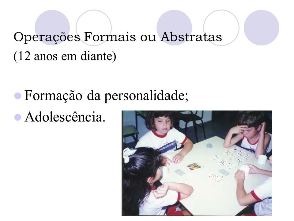 Operações Formais ou Abstratas (12 anos em diante) Formação da personalidade; Adolescência.