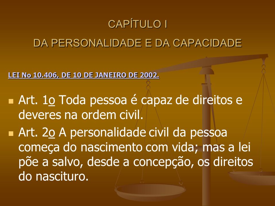 CAPÍTULO I DA PERSONALIDADE E DA CAPACIDADE LEI No , DE 10 DE JANEIRO DE 2002.