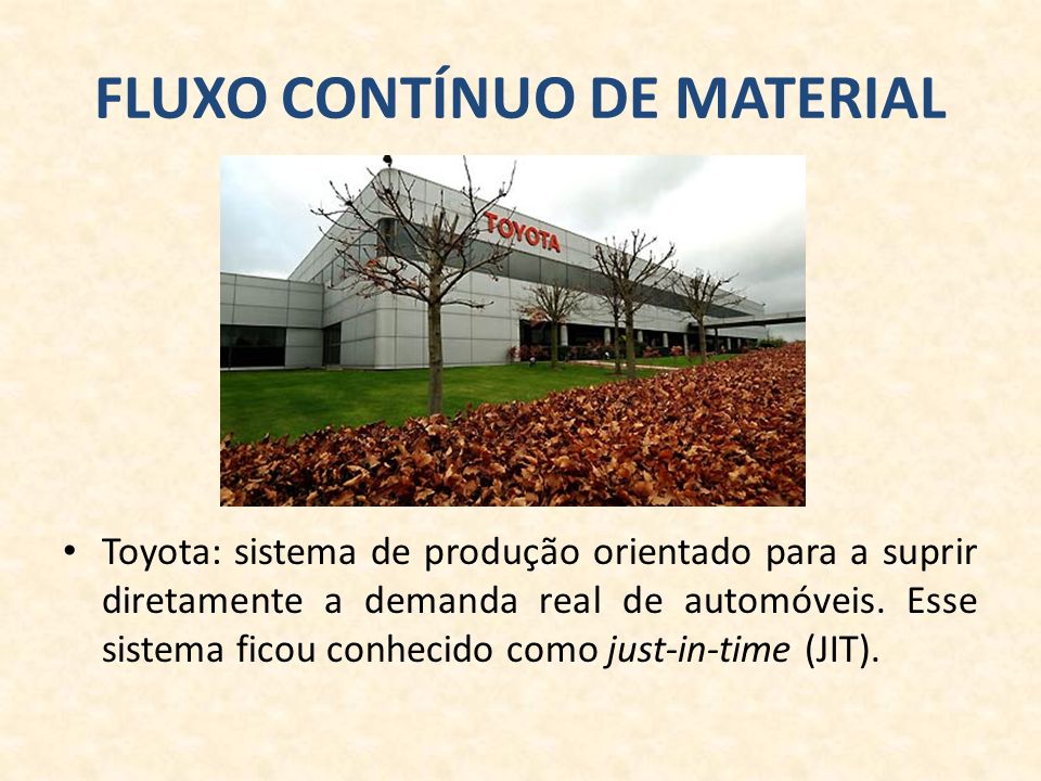 FLUXO CONTÍNUO DE MATERIAL Toyota: sistema de produção orientado para a suprir diretamente a demanda real de automóveis.