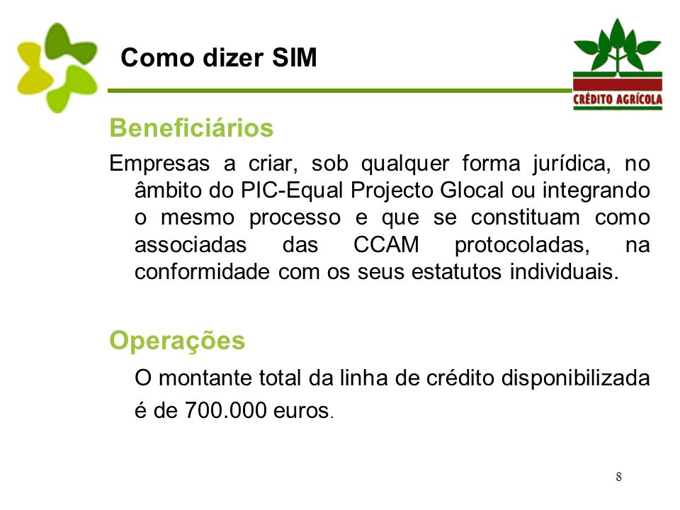 8 Como dizer SIM Beneficiários Empresas a criar, sob qualquer forma jurídica, no âmbito do PIC-Equal Projecto Glocal ou integrando o mesmo processo e que se constituam como associadas das CCAM protocoladas, na conformidade com os seus estatutos individuais.