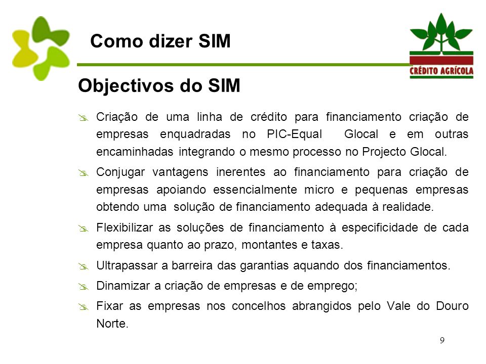 9 Objectivos do SIM  Criação de uma linha de crédito para financiamento criação de empresas enquadradas no PIC-Equal Glocal e em outras encaminhadas integrando o mesmo processo no Projecto Glocal.