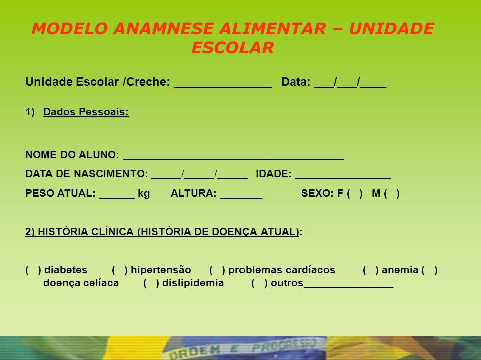 Anamnese Nutricional Infantil - Alimentação Escolar