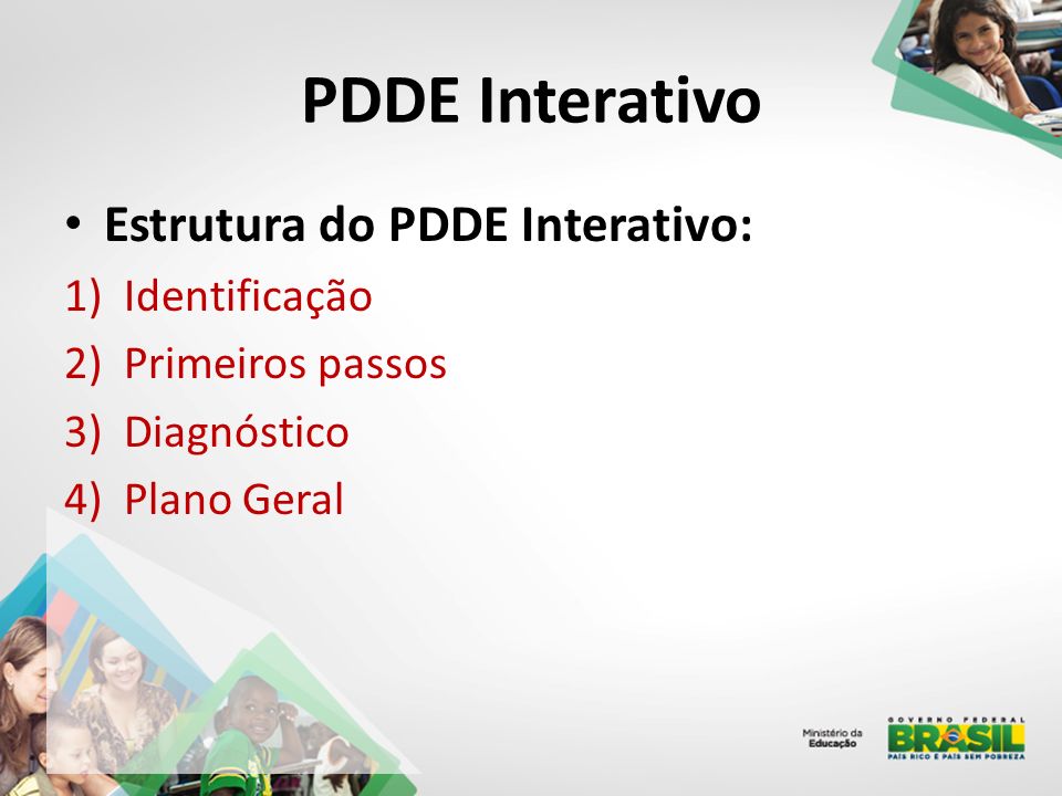 PDDE Interativo Estrutura do PDDE Interativo: 1)Identificação 2)Primeiros passos 3)Diagnóstico 4)Plano Geral