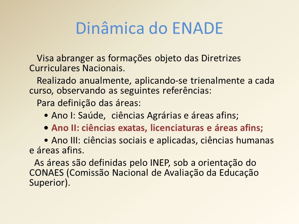 Dinâmica do ENADE Visa abranger as formações objeto das Diretrizes Curriculares Nacionais.