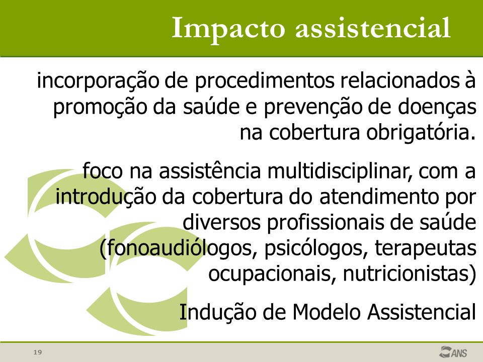 19 Impacto assistencial incorporação de procedimentos relacionados à promoção da saúde e prevenção de doenças na cobertura obrigatória.