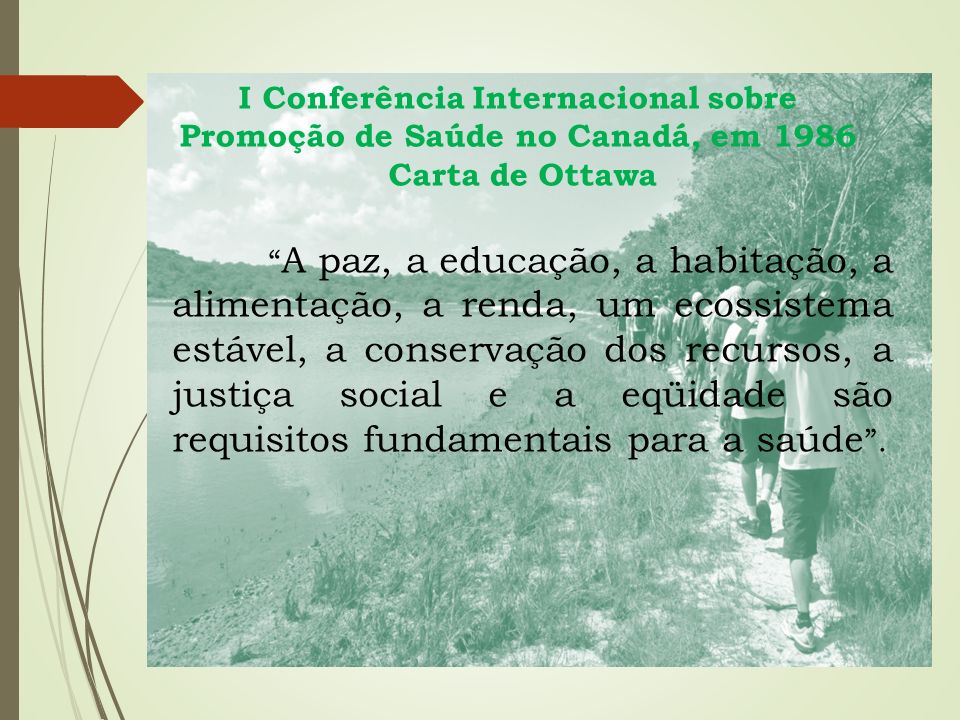 I Conferência Internacional sobre Promoção de Saúde no Canadá, em 1986 Carta de Ottawa A paz, a educação, a habitação, a alimentação, a renda, um ecossistema estável, a conservação dos recursos, a justiça social e a eqüidade são requisitos fundamentais para a saúde .