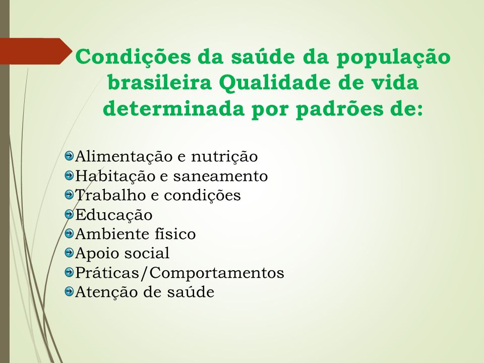 Condições da saúde da população brasileira Qualidade de vida determinada por padrões de: Alimentação e nutrição Habitação e saneamento Trabalho e condições Educação Ambiente físico Apoio social Práticas/Comportamentos Atenção de saúde
