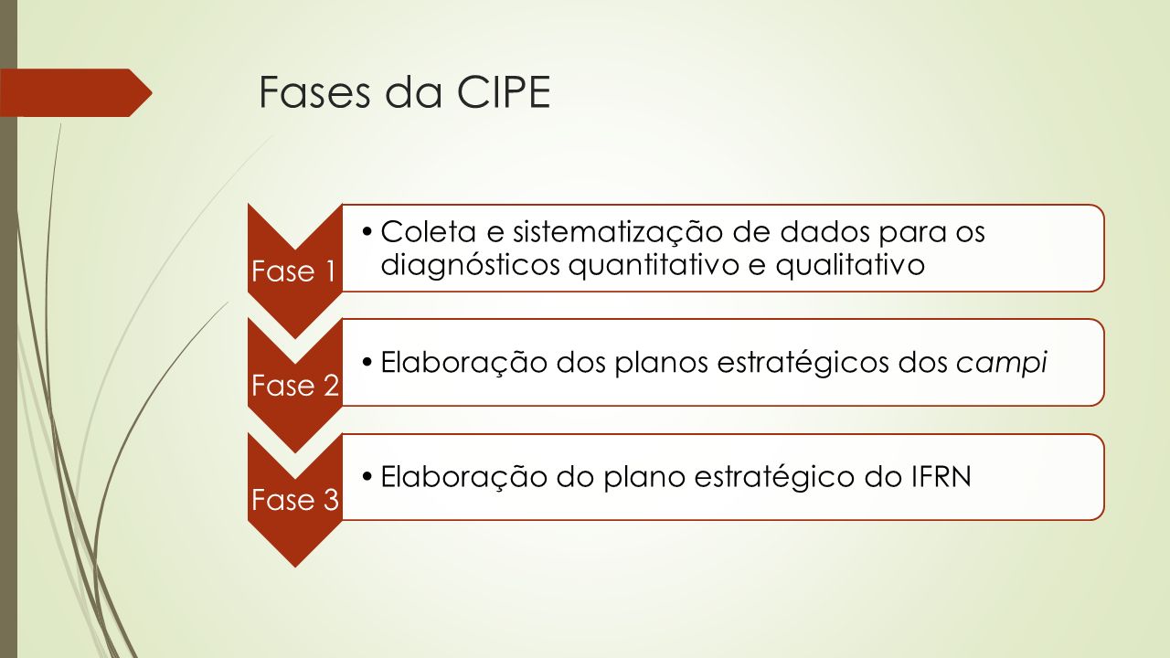 Fases da CIPE Fase 1 Coleta e sistematização de dados para os diagnósticos quantitativo e qualitativo Fase 2 Elaboração dos planos estratégicos dos campi Fase 3 Elaboração do plano estratégico do IFRN