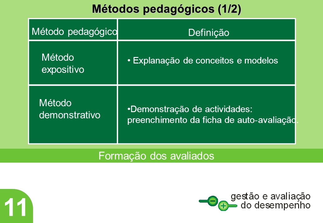 Formação dos avaliados Método pedagógico Definição Explanação de conceitos e modelos Demonstração de actividades: preenchimento da ficha de auto-avaliação.