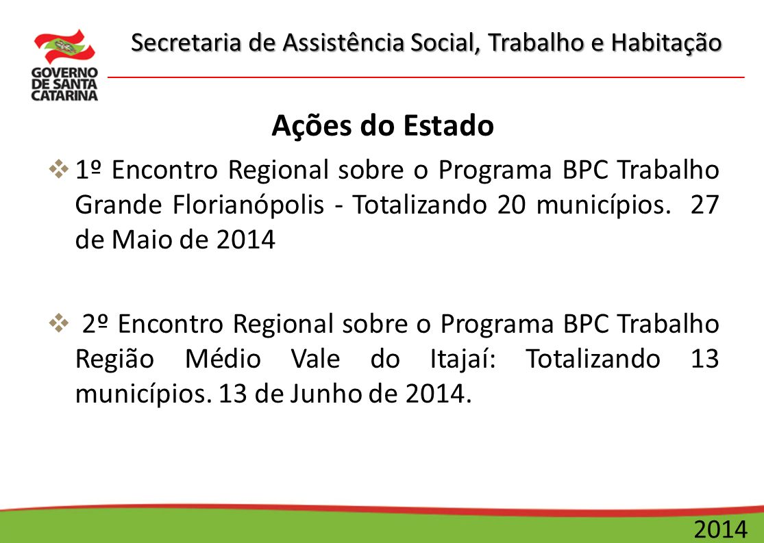Secretaria de Assistência Social, Trabalho e Habitação 2014 Ações do Estado  1º Encontro Regional sobre o Programa BPC Trabalho Grande Florianópolis - Totalizando 20 municípios.