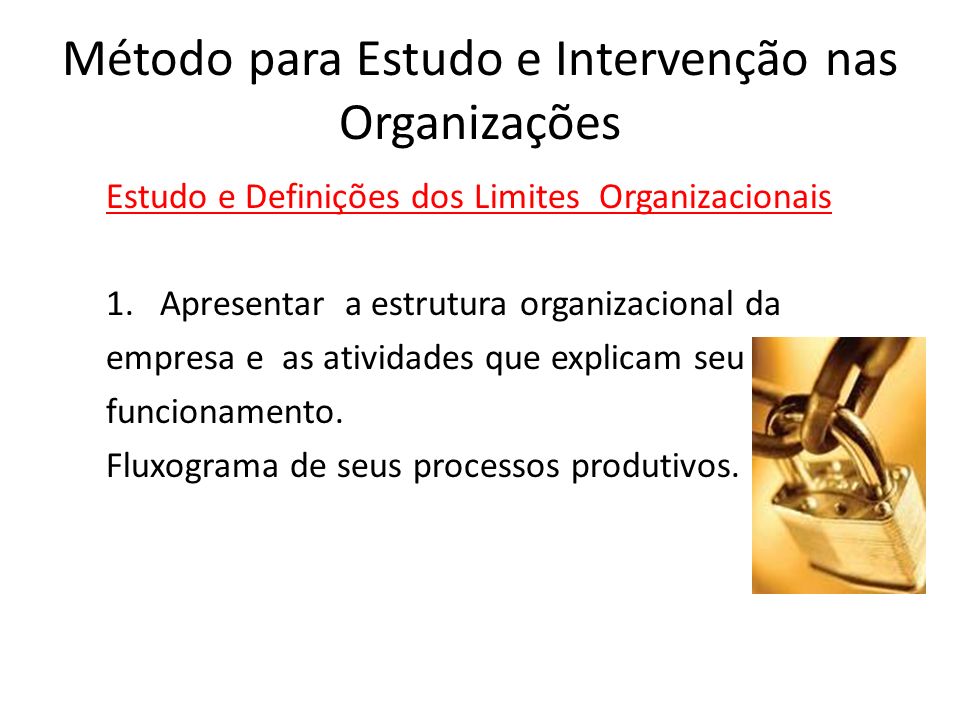 Método para Estudo e Intervenção nas Organizações Estudo e Definições dos Limites Organizacionais 1.Apresentar a estrutura organizacional da empresa e as atividades que explicam seu funcionamento.