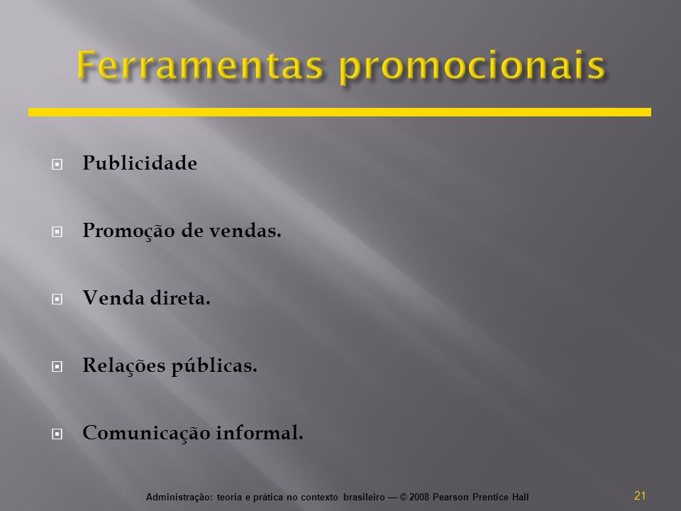 Administração: teoria e prática no contexto brasileiro — © 2008 Pearson Prentice Hall  Publicidade  Promoção de vendas.
