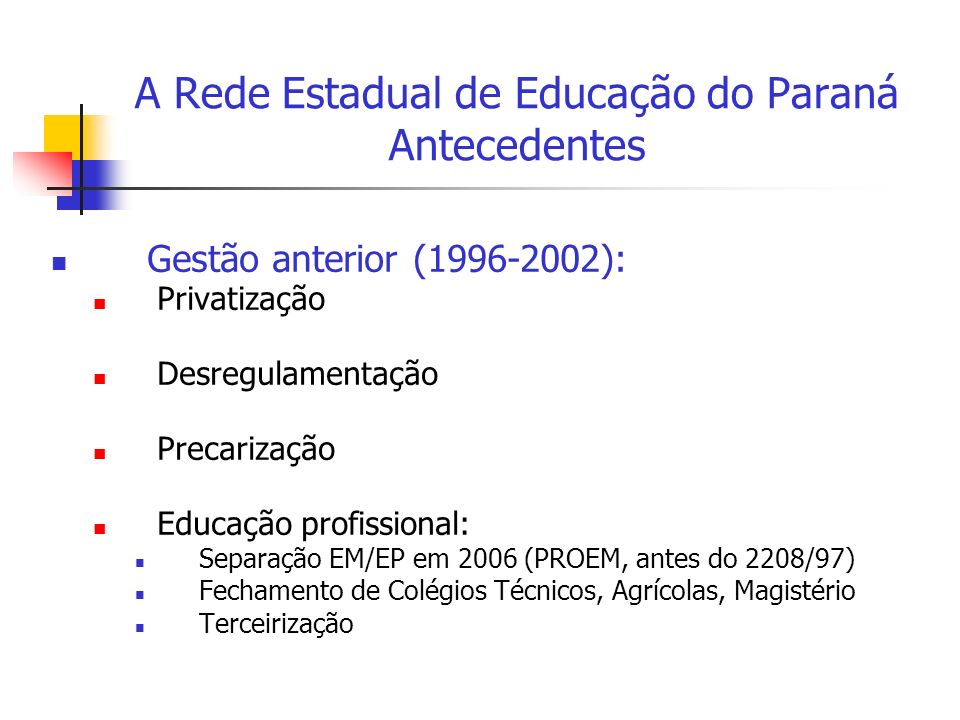 A Rede Estadual de Educação do Paraná Antecedentes Gestão anterior ( ): Privatização Desregulamentação Precarização Educação profissional: Separação EM/EP em 2006 (PROEM, antes do 2208/97) Fechamento de Colégios Técnicos, Agrícolas, Magistério Terceirização