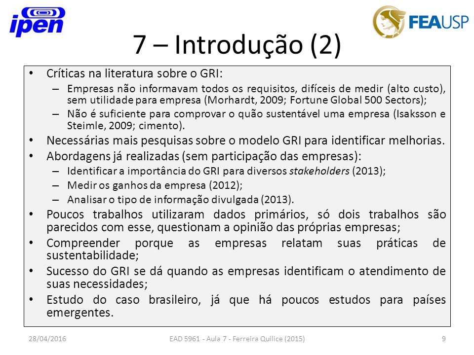 EAD 5961 – Gestão de Operações Sustentáveis “Aspectos negativos no modelo  de reporte proposto pela GRI: a opinião das organizações que reportam”  Thiago. - ppt carregar