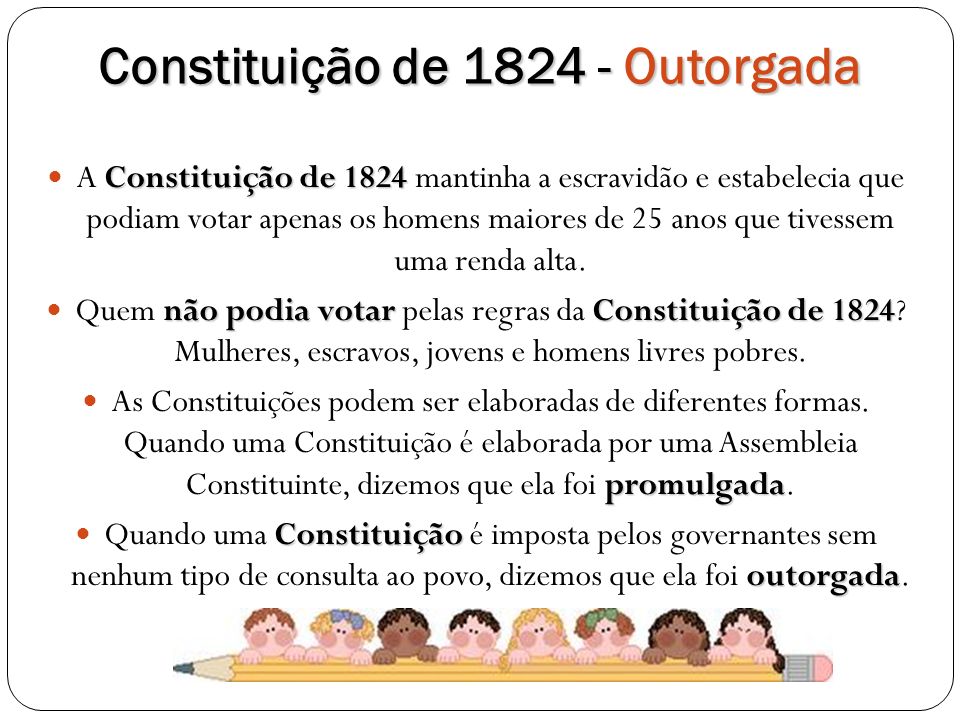 Constituição de Outorgada Constituição de 1824 A Constituição de 1824 mantinha a escravidão e estabelecia que podiam votar apenas os homens maiores de 25 anos que tivessem uma renda alta.