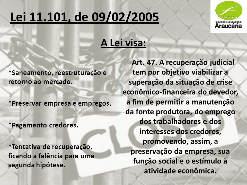 Lei , de 09/02/2005 *Saneamento, reestruturação e retorno ao mercado.