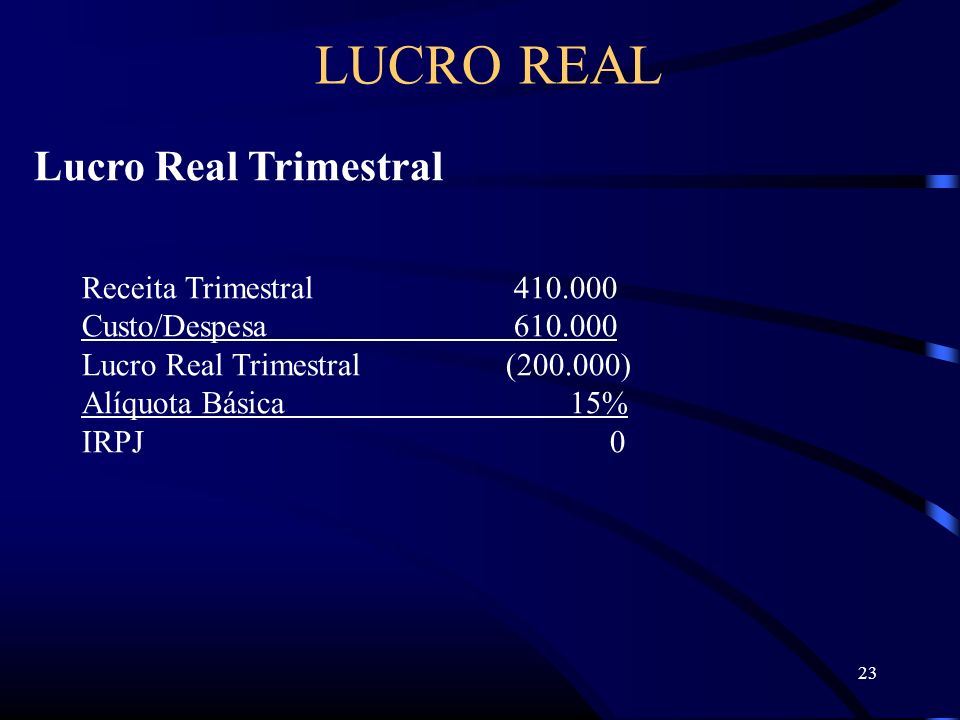 23 Lucro Real Trimestral Receita Trimestral Custo/Despesa Lucro Real Trimestral ( ) Alíquota Básica 15% IRPJ0 LUCRO REAL