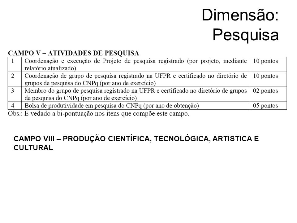 Dimensão: Pesquisa CAMPO VIII – PRODUÇÃO CIENTÍFICA, TECNOLÓGICA, ARTISTICA E CULTURAL