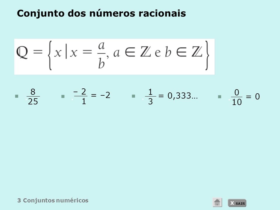 X SAIR Conjunto dos números racionais 3 Conjuntos numéricos = 0 ..