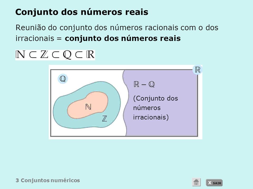 X SAIR Conjunto dos números reais Reunião do conjunto dos números racionais com o dos irracionais = conjunto dos números reais 3 Conjuntos numéricos (Conjunto dos números irracionais)