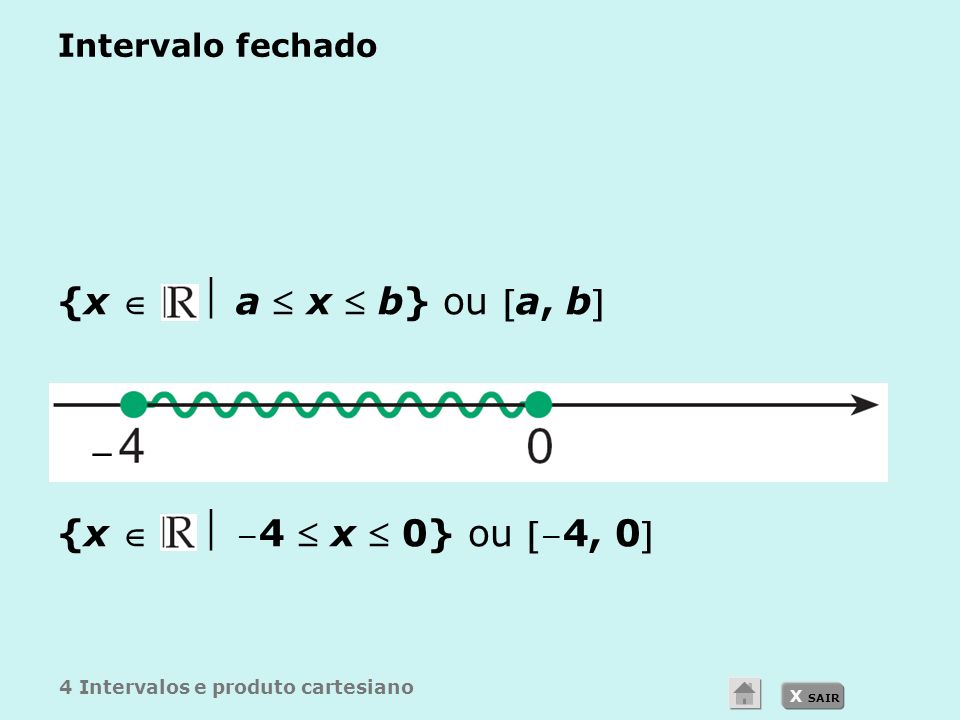 X SAIR Intervalo fechado {x   a  x  b} ou a, b {x   − 4  x  0} ou  − 4, 0 4 Intervalos e produto cartesiano −