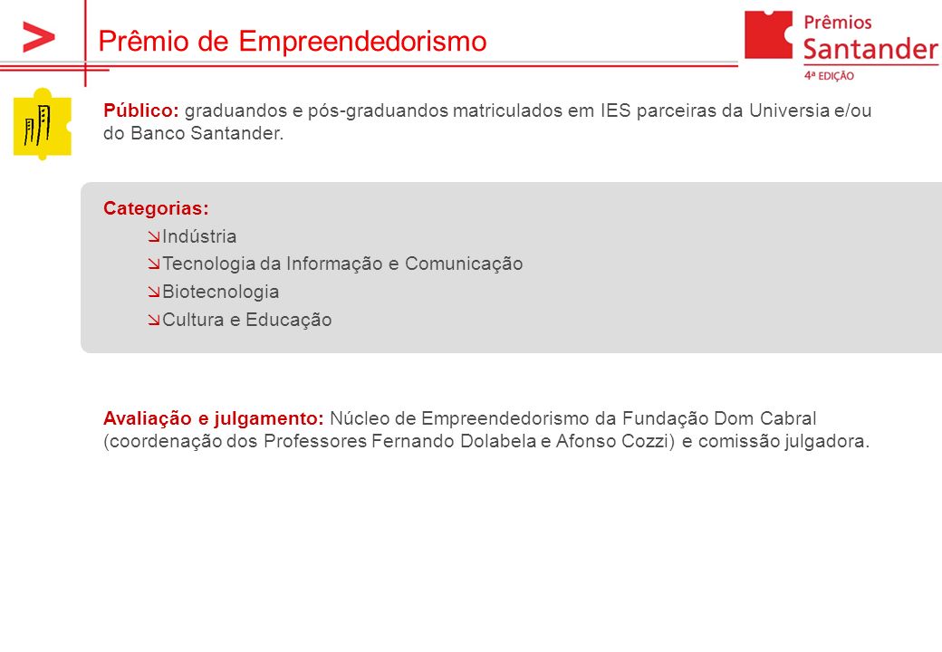 Prêmio de Empreendedorismo Público: graduandos e pós-graduandos matriculados em IES parceiras da Universia e/ou do Banco Santander.