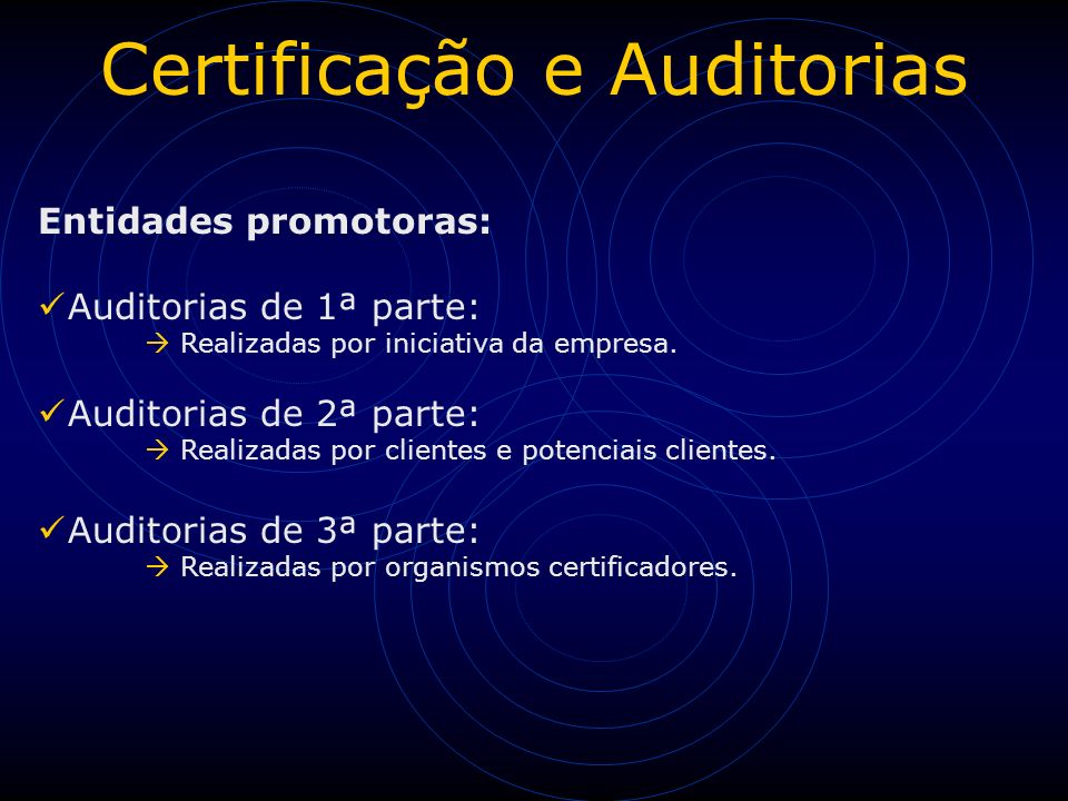 Certificação e Auditorias Entidades promotoras: Auditorias de 1ª parte:  Realizadas por iniciativa da empresa.