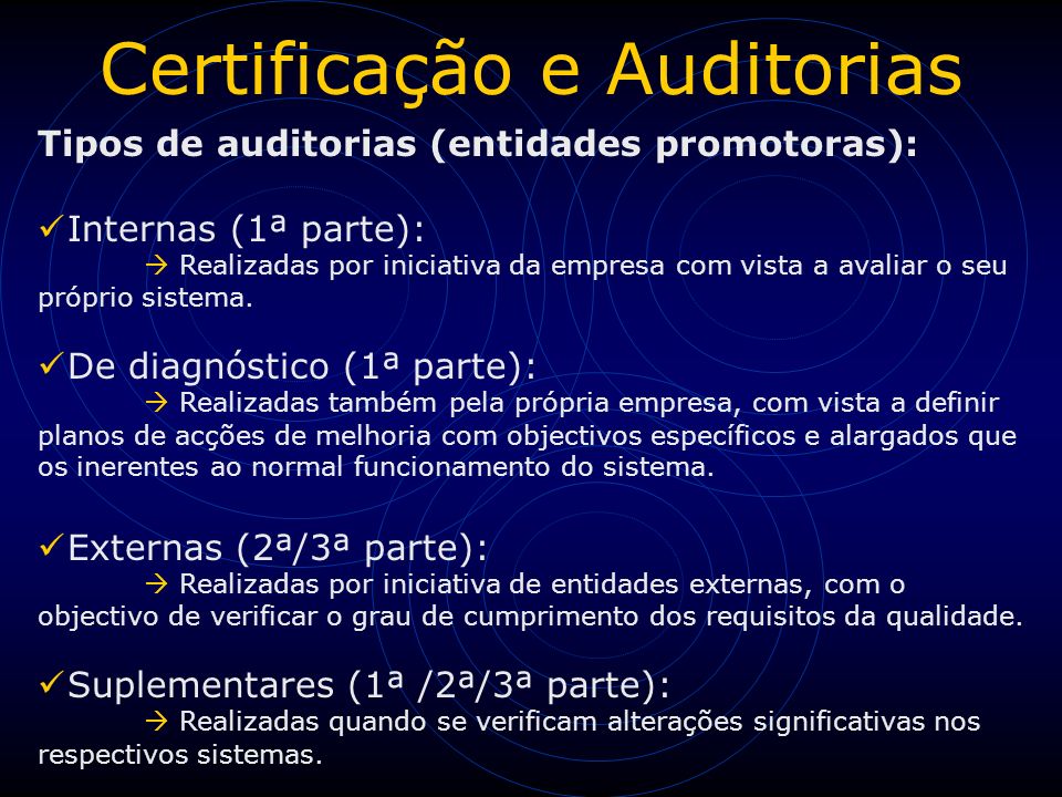 Certificação e Auditorias Tipos de auditorias (entidades promotoras): Internas (1ª parte):  Realizadas por iniciativa da empresa com vista a avaliar o seu próprio sistema.