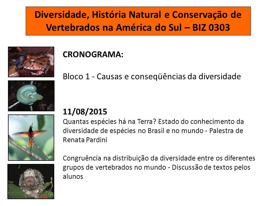 Diversidade, História Natural e Conservação de Vertebrados na América do Sul – BIZ 0303 CRONOGRAMA: Bloco 1 - Causas e conseqüências da diversidade 11/08/2015 Quantas espécies há na Terra.