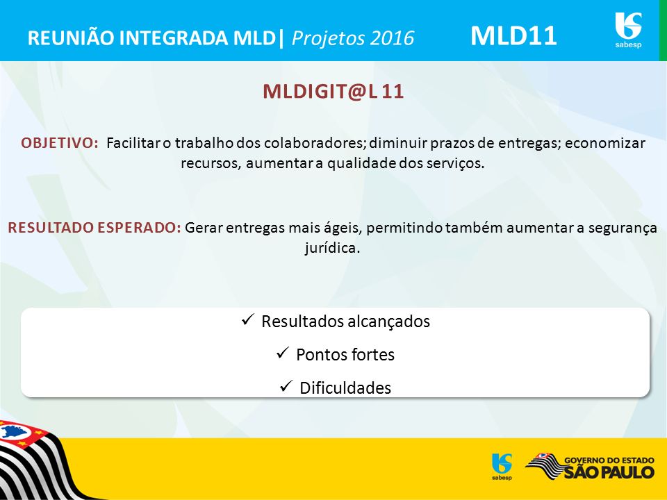 REUNIÃO INTEGRADA MLD| Projetos 2016 MLD11 11 OBJETIVO: Facilitar o trabalho dos colaboradores; diminuir prazos de entregas; economizar recursos, aumentar a qualidade dos serviços.