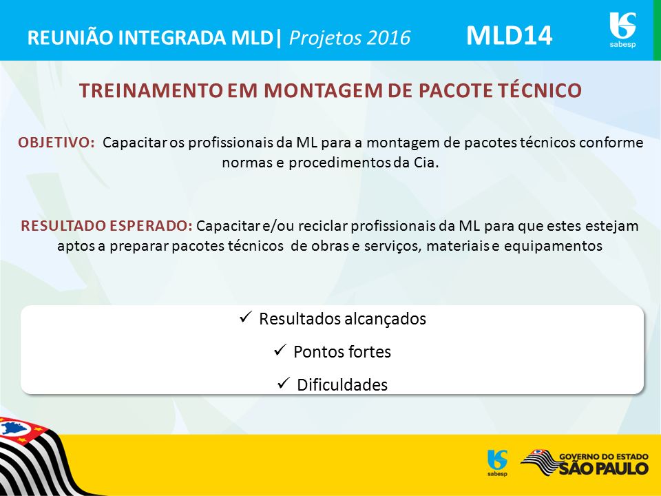 REUNIÃO INTEGRADA MLD| Projetos 2016 MLD14 TREINAMENTO EM MONTAGEM DE PACOTE TÉCNICO OBJETIVO: Capacitar os profissionais da ML para a montagem de pacotes técnicos conforme normas e procedimentos da Cia.