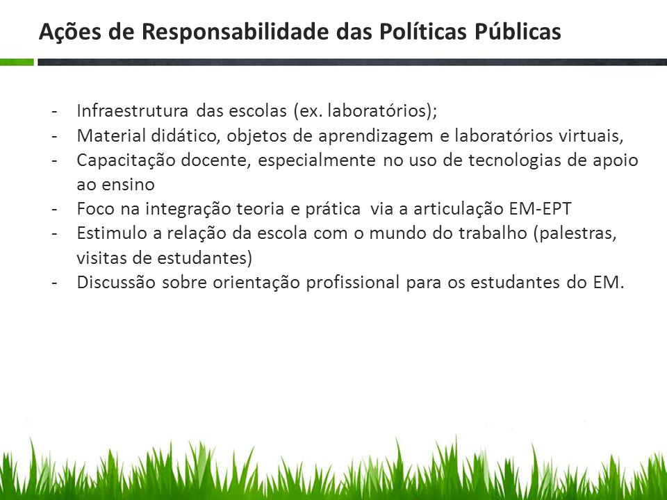 Ações de Responsabilidade das Políticas Públicas -Infraestrutura das escolas (ex.