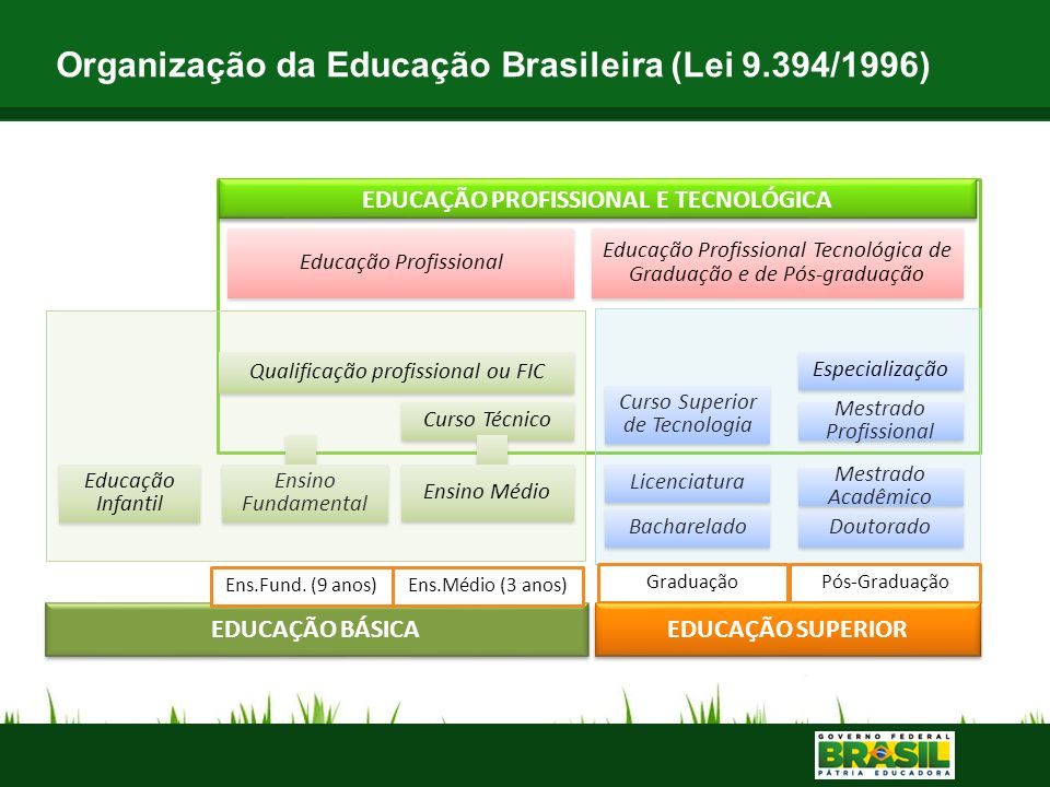 Educação Infantil Ensino Fundamental Curso Técnico Graduação Educação Profissional Educação Profissional Tecnológica de Graduação e de Pós-graduação EDUCAÇÃO PROFISSIONAL E TECNOLÓGICA Curso Superior de Tecnologia Especialização Pós-Graduação EDUCAÇÃO SUPERIOR EDUCAÇÃO BÁSICA Licenciatura Bacharelado Ensino Médio Qualificação profissional ou FIC Mestrado Profissional Doutorado Organização da Educação Brasileira (Lei 9.394/1996) Ens.Médio (3 anos)Ens.Fund.