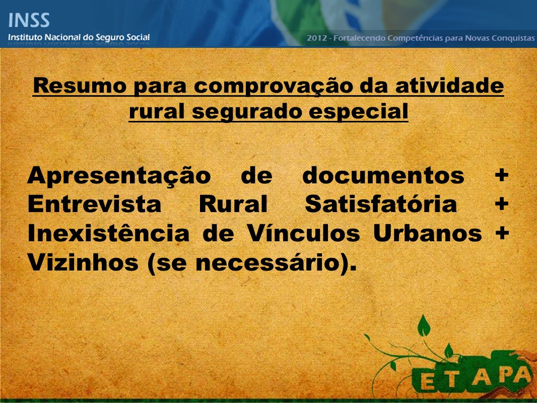 Resumo para comprovação da atividade rural segurado especial Apresentação de documentos + Entrevista Rural Satisfatória + Inexistência de Vínculos Urbanos + Vizinhos (se necessário).