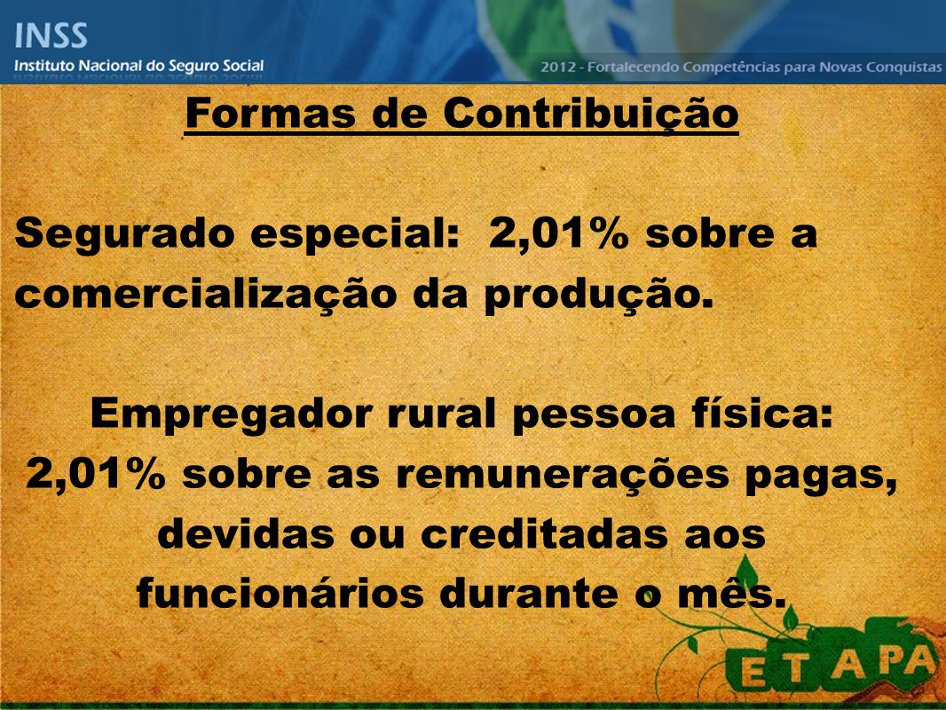 Formas de Contribuição Segurado especial: 2,01% sobre a comercialização da produção.