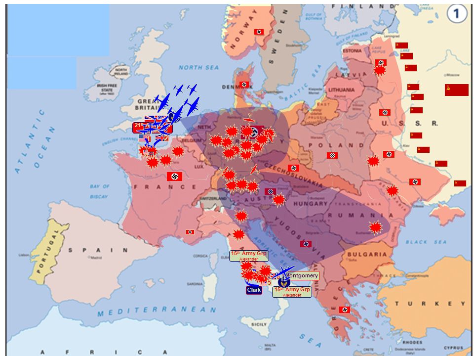 3ª Fase – Vitória dos Aliados  6 de junho de 1944 – Dia D – Desembarque aliado na Normandia  Segundo desembarque aliado no sul de França  Avanço da URSS na frente oriental  Derrota alemã com a rendição sem condições a 8 de maio de 1945.