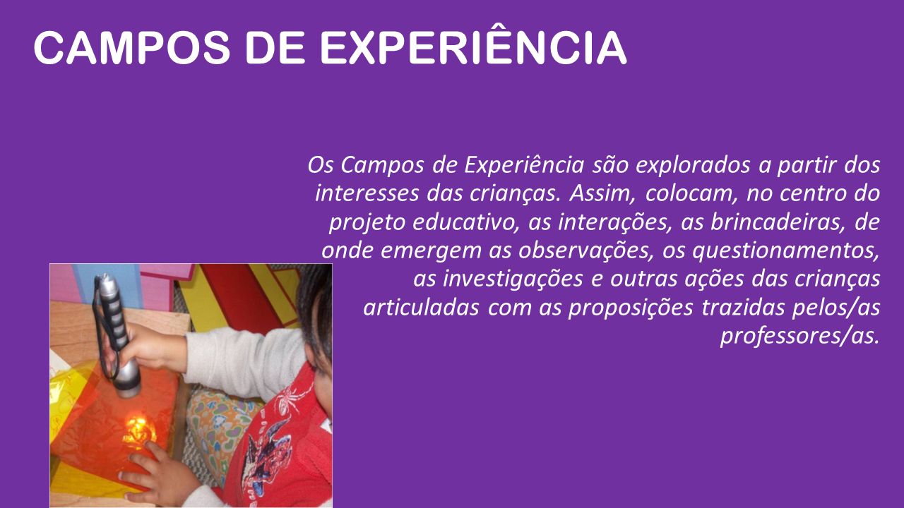 Os Campos de Experiência são explorados a partir dos interesses das crianças.