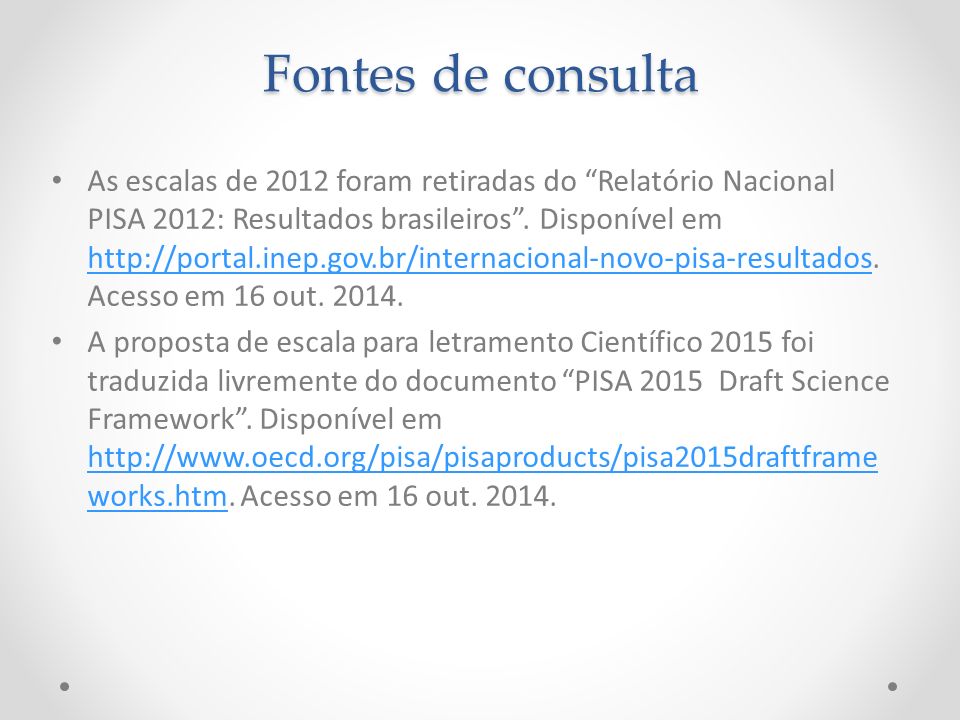 Fontes de consulta As escalas de 2012 foram retiradas do Relatório Nacional PISA 2012: Resultados brasileiros .