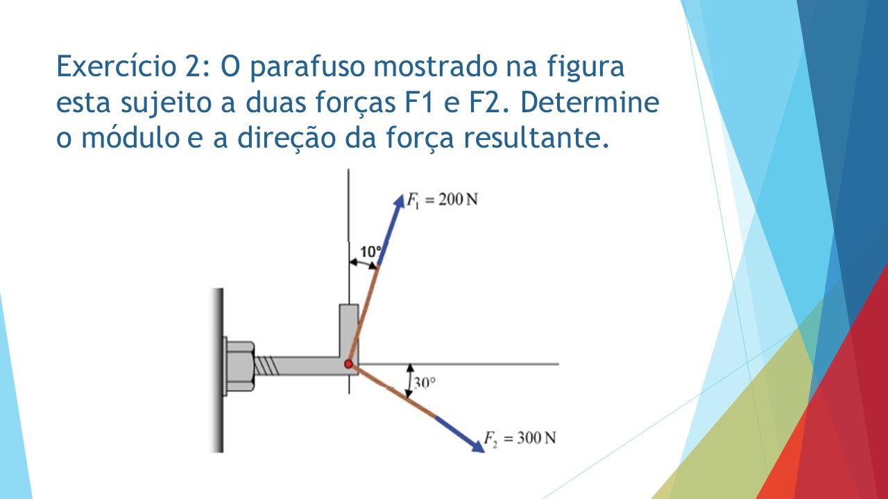 Exercício 2: O parafuso mostrado na figura esta sujeito a duas forças F1 e F2.